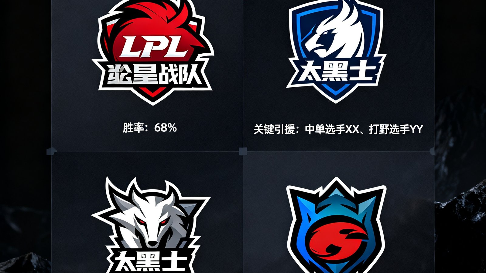 四支LPL黑马战队的队徽以拼图形式排列在深色背景上，每支队伍下方标注着本赛季的胜率数据和关键引援信息