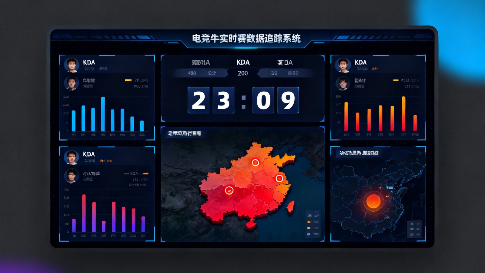 电竞牛自主研发的实时赛事数据追踪系统界面，深色主题仪表盘上展示着多场并行比赛的实时比分、选手KDA数据和地图动态热力图