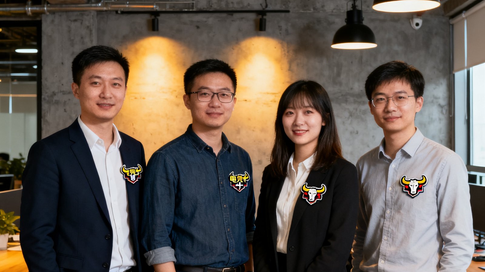 电竞牛四位核心管理团队成员在现代工业风办公室内的合影，从左到右依次是创始人陈峻、CTO李明远、总编辑王雨桐和运营总监赵思齐，每人胸前佩戴着电竞牛徽章